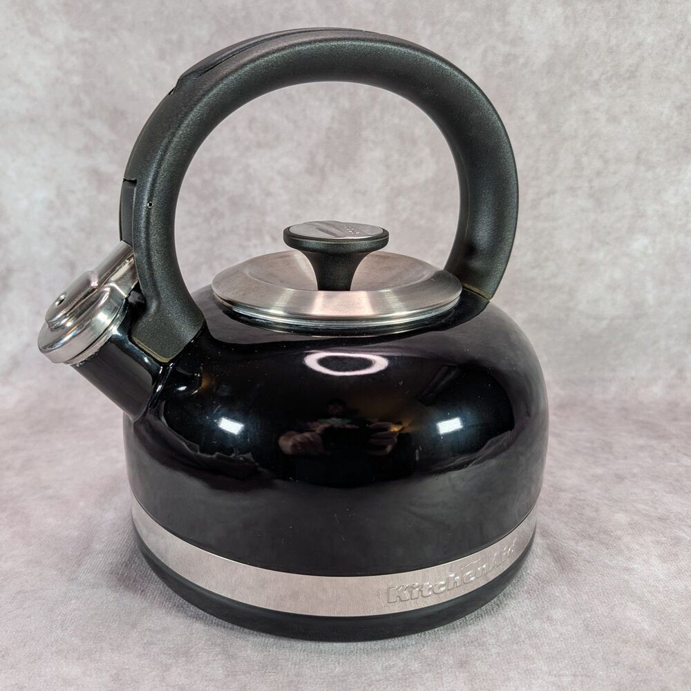 KitchenAid Onyx Black 2 Quart Whistling Tea Kettle Porcelain Enamel Stainless